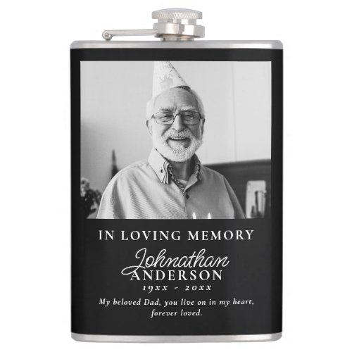 Loving Memory Modern Black  White Photo Memorial Flask