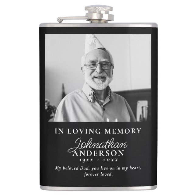 Loving Memory Modern Black & White Photo Memorial Flask (Front)