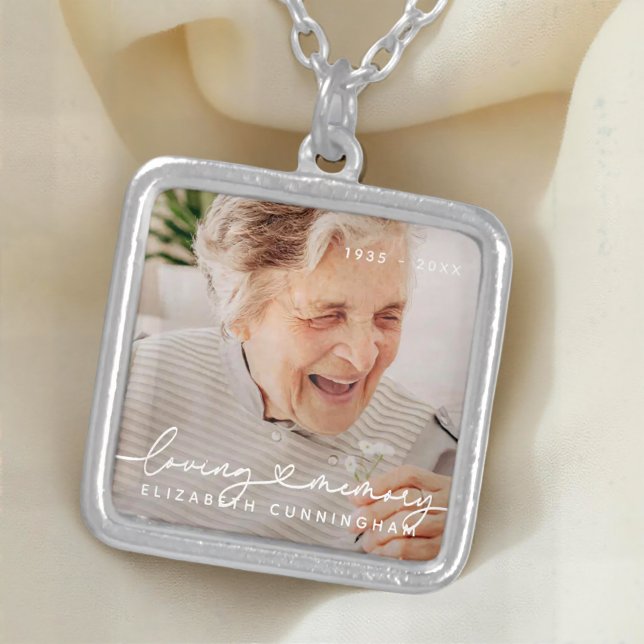Loving Memory Modern Elegant Heart Photo Memorial Silver Plated Necklace (Creator Uploaded)
