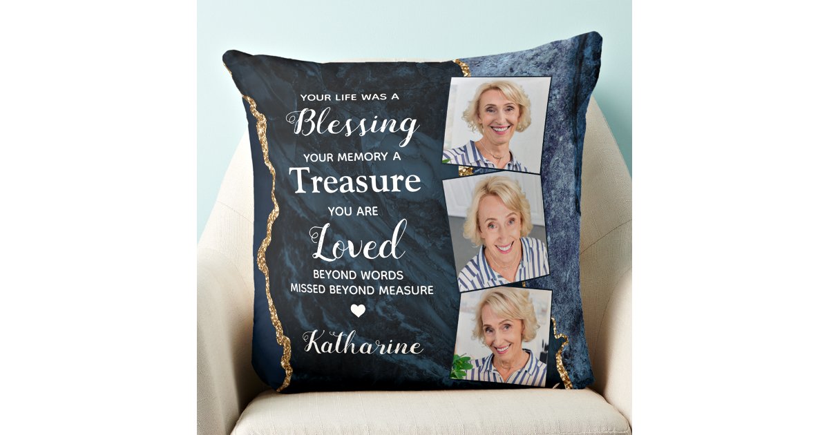 Loving Memory Personalized 3 Photo Blue Memorial Throw Pillow | Zazzle