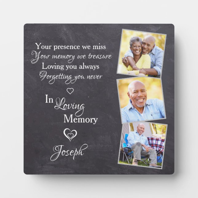 Loving Memory Personalized Modern 3 Photo Memorial Plaque (Front)