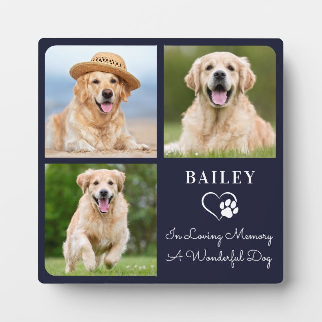Loving Memory Pet Dog Memorial Photo Collage Blue Plaque (Front)