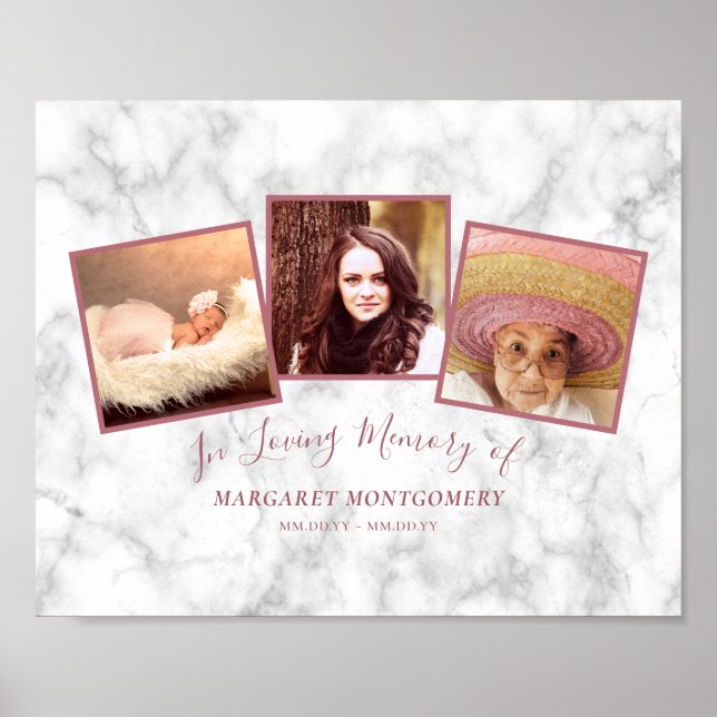 Loving Memory Rose Gold Pink Marble Photo Collage Poster (Front)