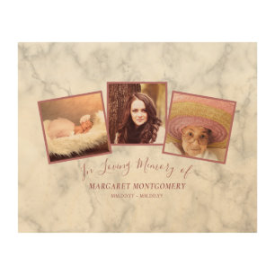 Loving Memory Rose Gold Pink Marble Photo Collage Wood Wall Art