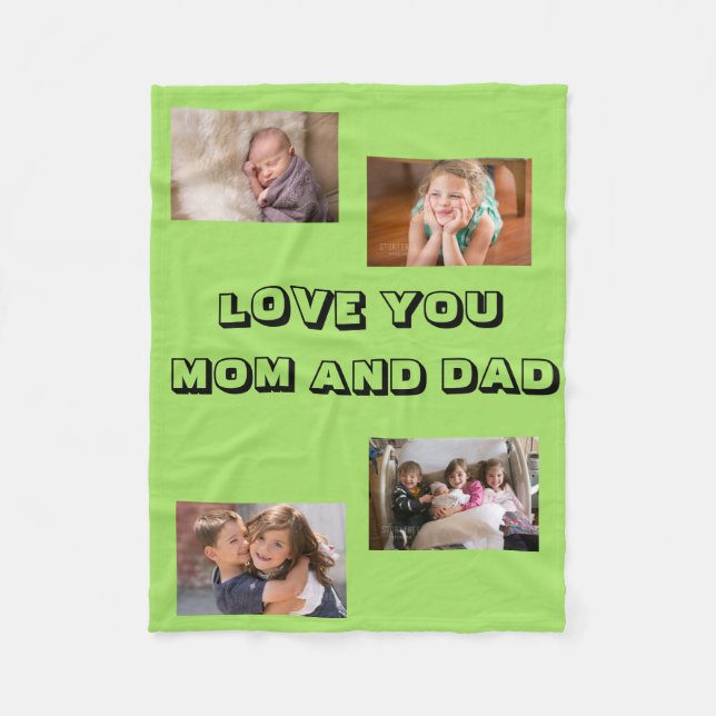 Loving Mom Dad 4 photos Sans Serif Font Fleece Blanket (Front)