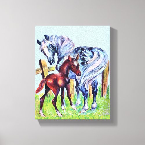 Loving Mother Horse With Baby Horse by Fence Canvas Print