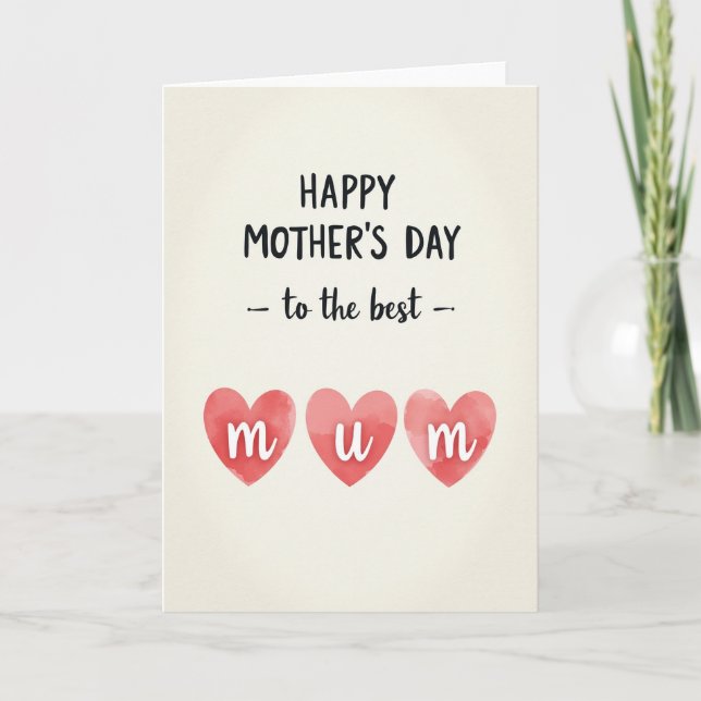 Loving Mum Watercolor Hearts Card (Front)
