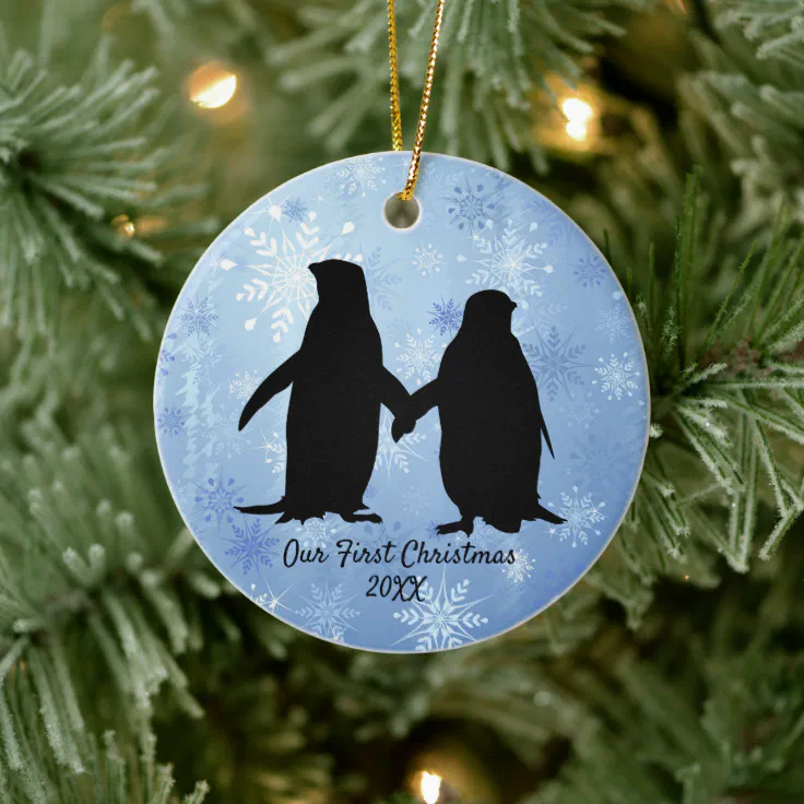 Personalized Christmas Tree Decoration Ornament Penguins Kisses Couple 