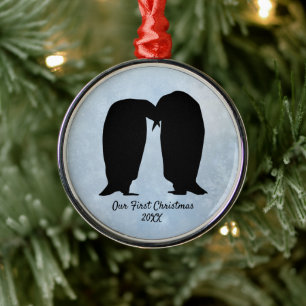 Loving Penguin Couple Christmas Metal Ornament