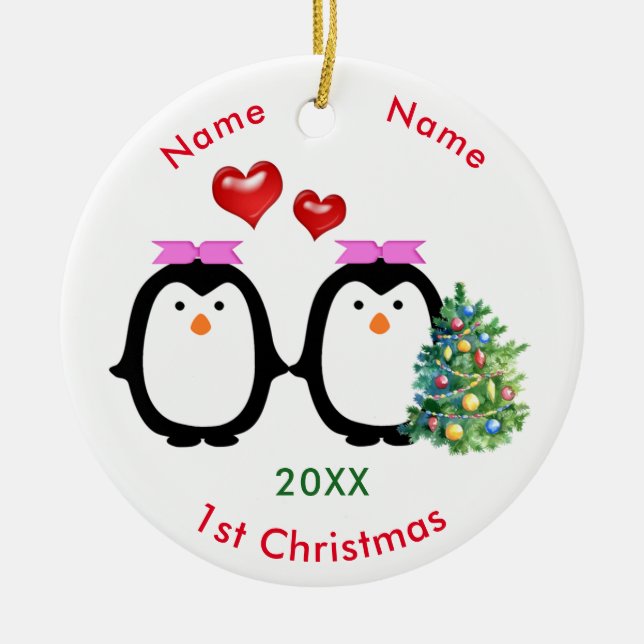 Loving Penguin Couple Two Females 1st Christmas Ceramic Ornament (Front)