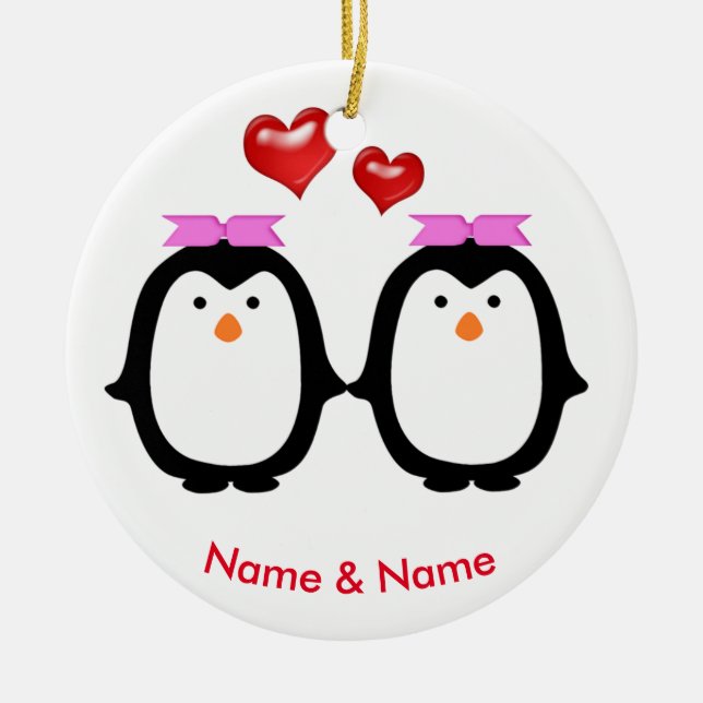 Loving Penguin Couple Two Females Ceramic Ornament (Front)