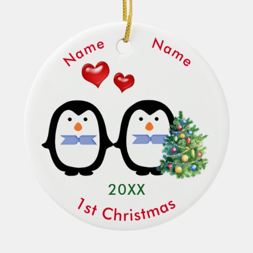 Loving Penguin Couple Two Males 1st Christmas Ceramic Ornament