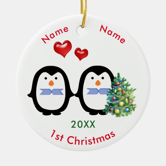 Loving Penguin Couple Two Males 1st Christmas Ceramic Ornament (Front)