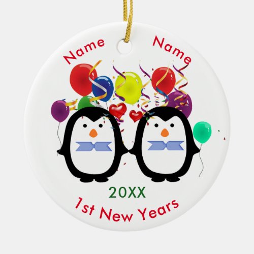 Loving Penguin Couple Two Males 1st New Years Ceramic Ornament