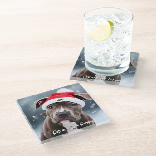Loving Pit Bull with Santa Hat Christmas Glass Coaster