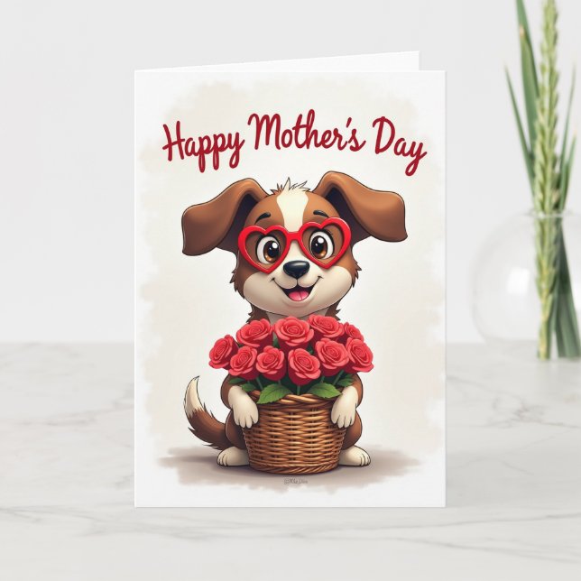 Loving Pup Mothers Day Roses Card (Front)