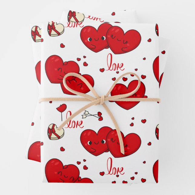 Loving Red Hearts Cute Valentine's Day Wrapping Paper Sheets (In situ)