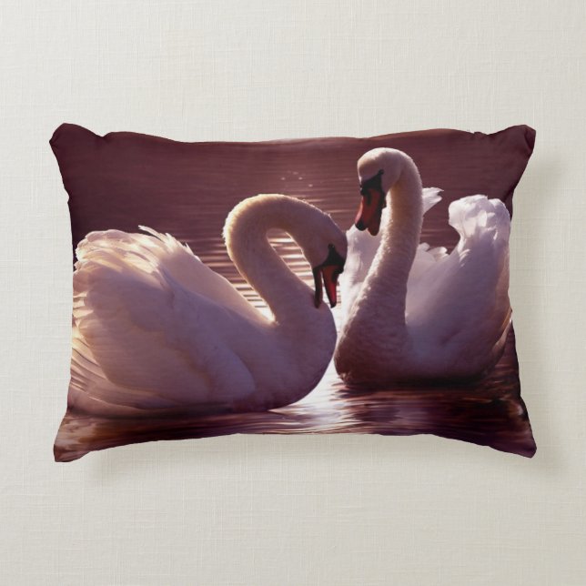 Loving Swans Forming a Heart Decorative Pillow (Front)