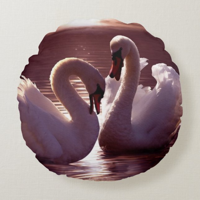 Loving Swans Forming a Heart Round Pillow (Front)