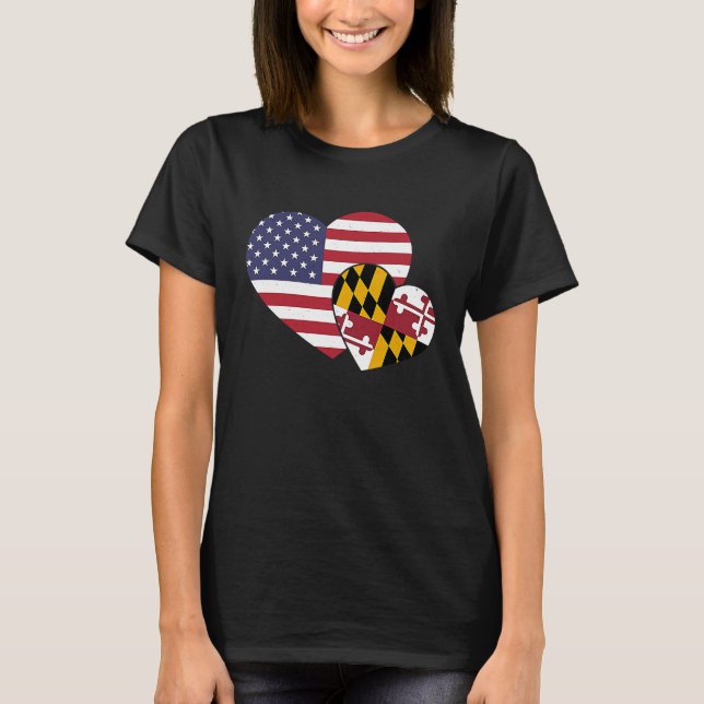 Loving USA & Maryland State Flag Heart Proud Ameri T-Shirt (Front)