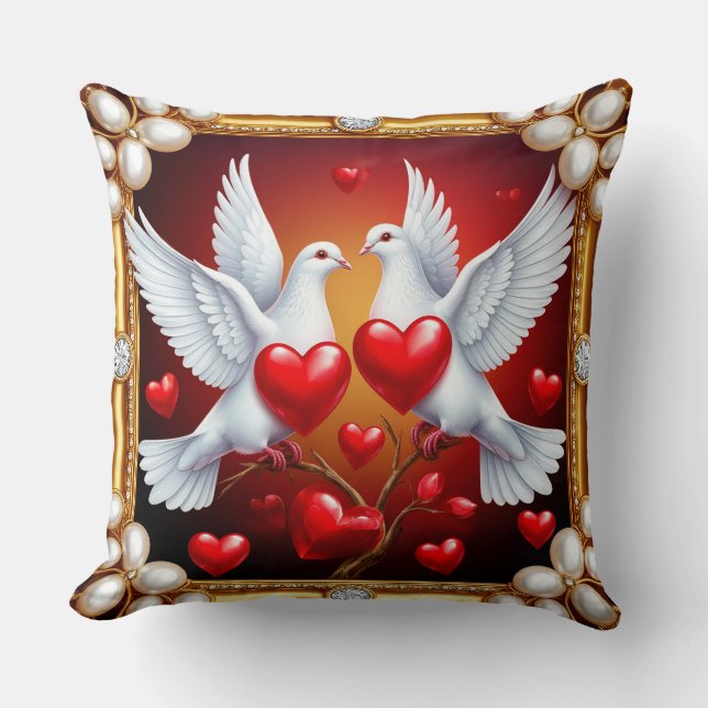 Loving White Doves Framed with Hearts Throw Pillow (Front)