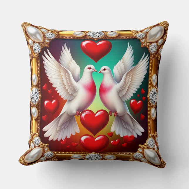 Loving White Doves Framed with Hearts Throw Pillow (Front)