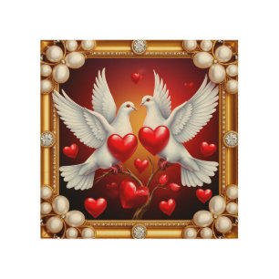 Loving White Doves Framed with Hearts Wood Wall Art
