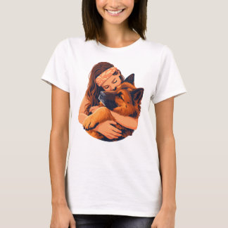 Loving Woman Hugging German Shepherd Dog T-Shirt