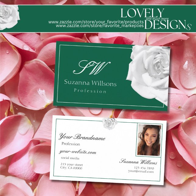 Lovingly White Rose on Green with Initials Photo Business Card (Creator Uploaded)