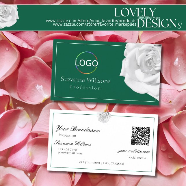 Lovingly White Rose on Green with Logo and QR Code Business Card (Creator Uploaded)
