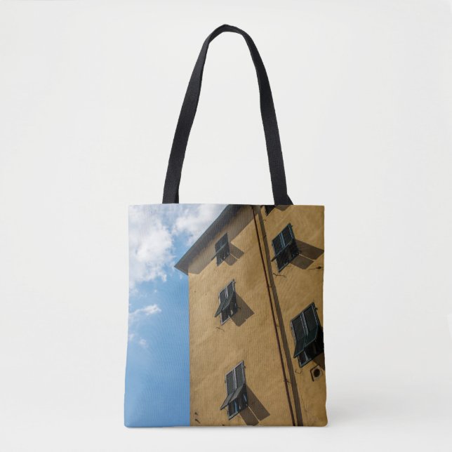 LOW ANGLE PHOTOGRAPHY OF BROWN LOUVER WINDOW TOTE BAG (Front)
