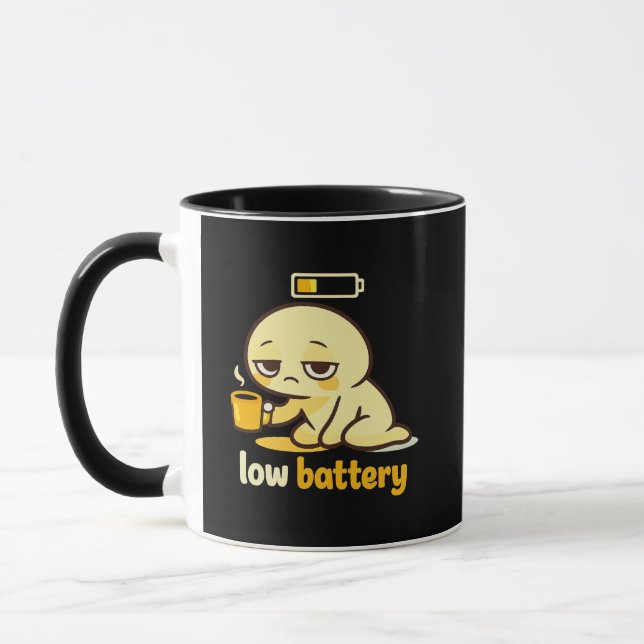 Low Battery Mood – Cute Tired Coffee Mug (Left)