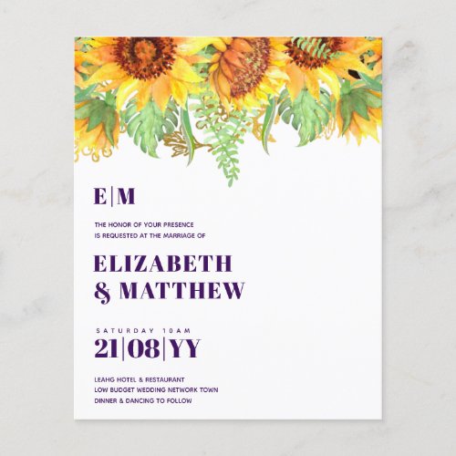 Low Budget Deep Purple Beautiful Sunflower Wedding Flyer