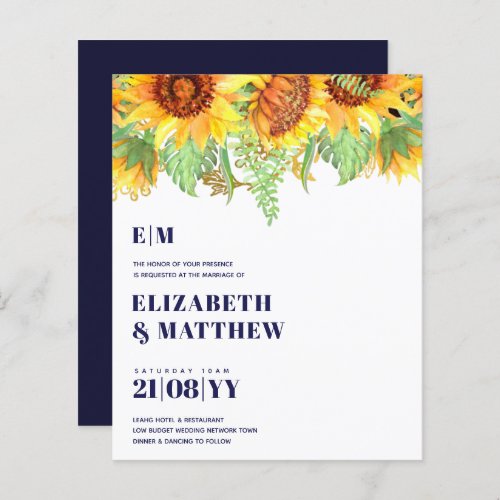 Low Budget Navy Blue Sunflowers Wedding Invite