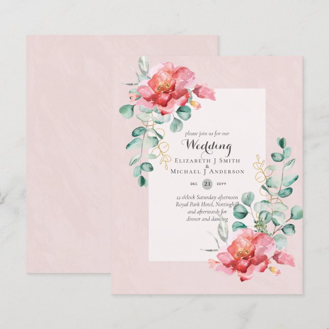 Low Budget Red Floral Wedding Invitation (Front/Back)