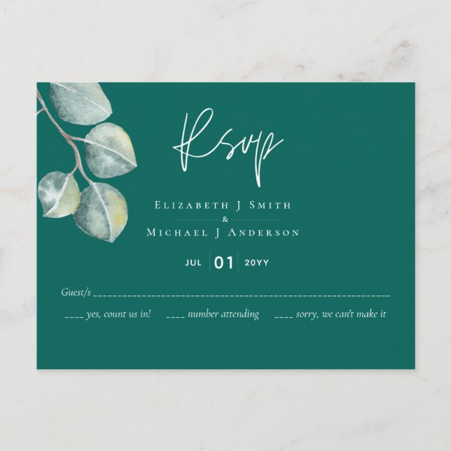 Low Budget TEAL White EUCALYPTUS Wedding Postcard (Front)