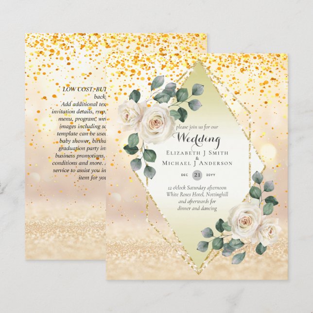 Low Budget White Rose Diamond Frame Wedding Invite (Front/Back)