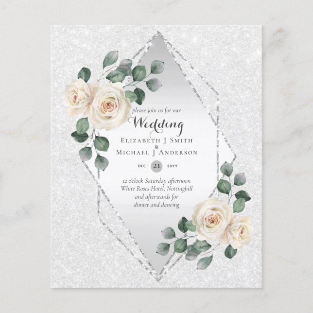 Low Budget White Rose Diamond Frame Wedding Invite Flyer (Front)