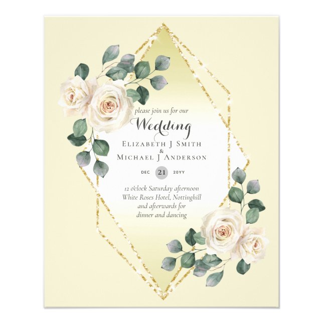 Low Budget White Rose Diamond Frame Wedding Invite Flyer (Front)