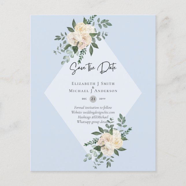 LOW BUDGET White Roses SAVE THE DATES Modern Flyer (Front)