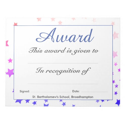 Low Cost School Achievement Award Sheets Notepad