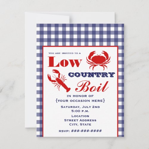 Low Country Boil Crab &amp; Lobster Blue Gingham Invite