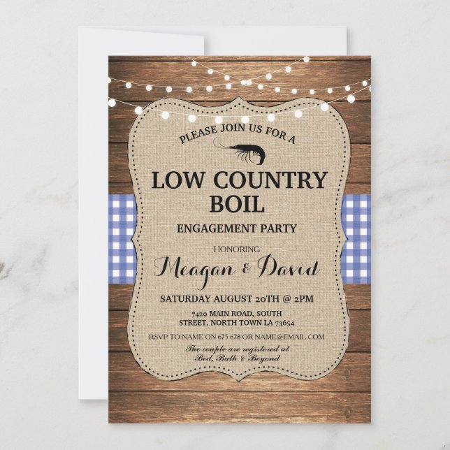 Low Country Boil Engagement Party Blue Check Invitation (Front)