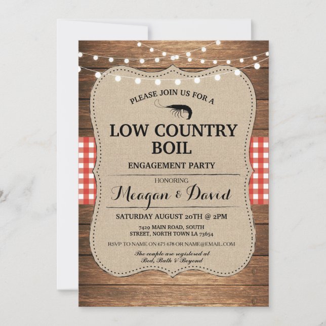 Low Country Boil Engagement Party Red Check Invitation (Front)