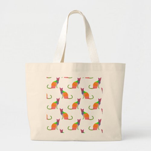 Low Poly Cat Silhouette Pattern Large Tote Bag
