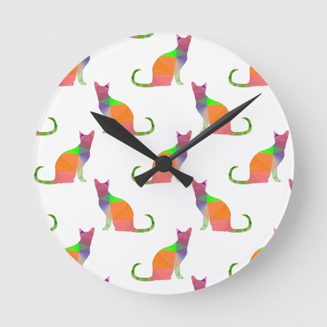 Low Poly Cat Silhouette Pattern Round Clock (Front)