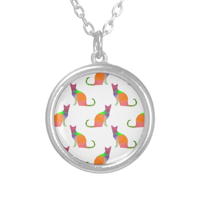 Low Poly Cat Silhouette Pattern Silver Plated Necklace (Front)