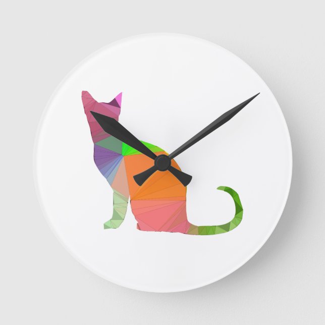 Low Poly Cat Silhouette Round Clock (Front)