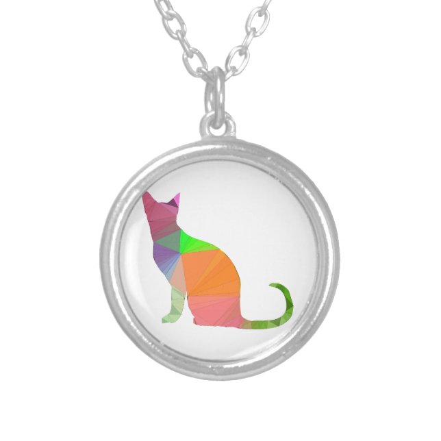Low Poly Cat Silhouette Silver Plated Necklace (Front)