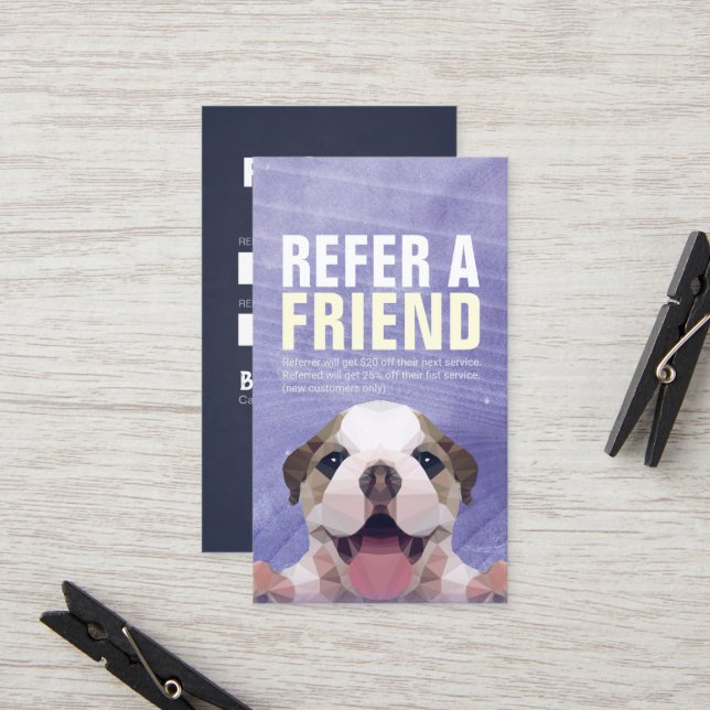 Low Poly Dog Pet Care Sitting Bathing & Grooming Referral Card (Front/Back In Situ)
